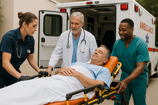 Medical team with ambulance at port
