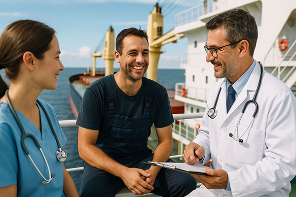 Doctor consulting with crew member